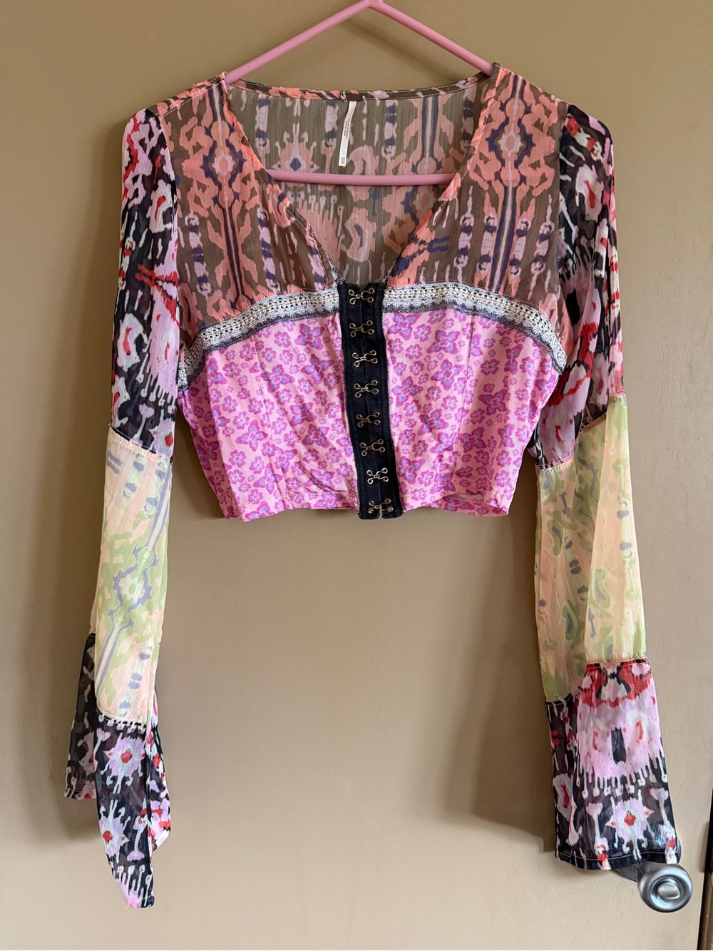 Free People Mixed-Print Pink Patchwork Hook Crop Top